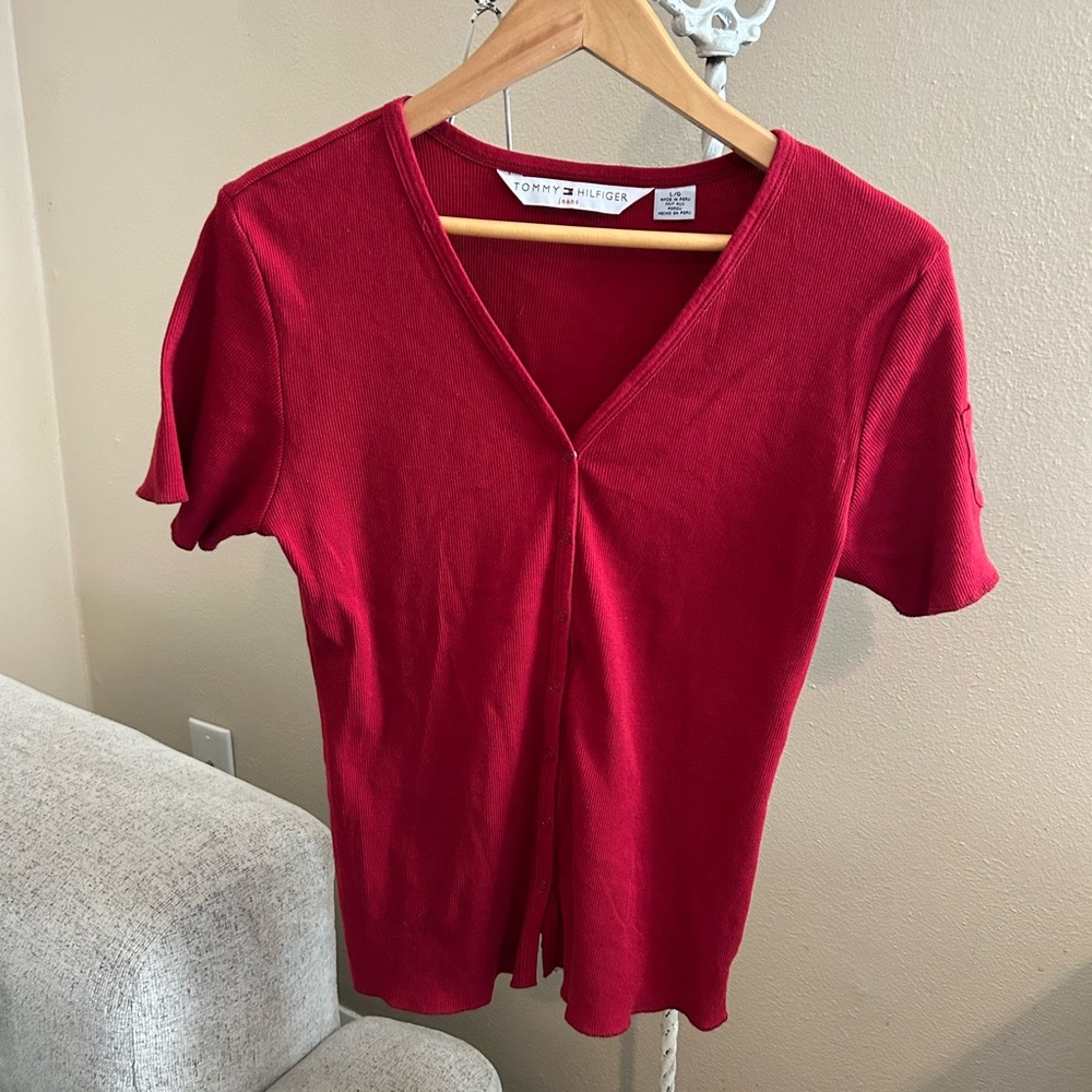 Tommy Hilfiger Ribbed Ruby Red Button Down Shirt Vintage Size Large Shortsleeve